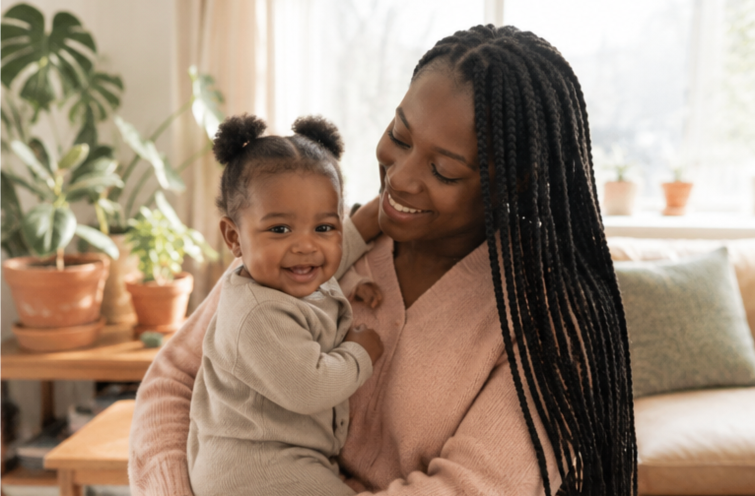 A mother holding her smiling baby at home