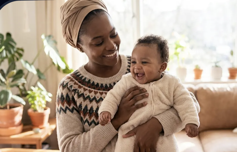 Mother holding a smiling baby indoors